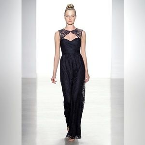 Amsale black lace formal gown maxi with‎ lace detail at neck.